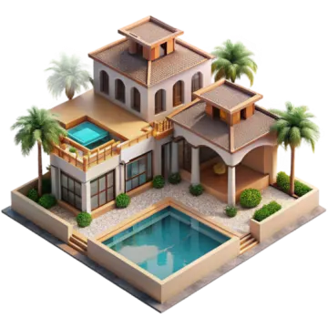 a house with swimming pool and palm trees
