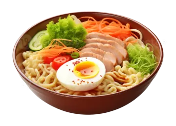 a bowl of noodles with meat, vegetables and an egg