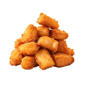 a pile of fried chicken on a white background