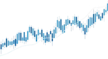 a blue and white line chart with an arrow pointing upward