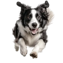 a black and white dog running through the air
