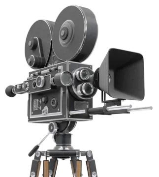 an old movie camera on a tripod