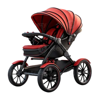 a red and black stroller on a white background