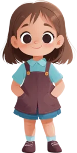 a little girl in a blue shirt and brown overalls