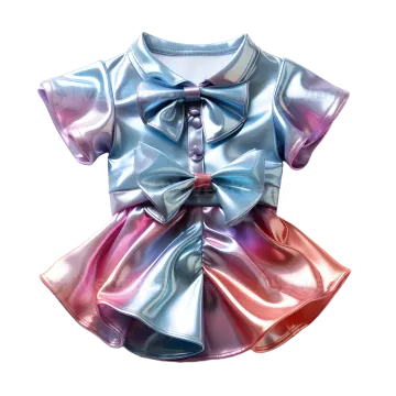 a pink and blue dress with a bow on it