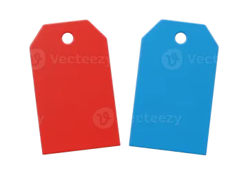 two red and blue tags on white background