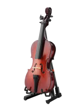 a violin on a stand with a white background