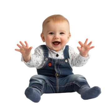 a baby sitting on the floor with his hands up