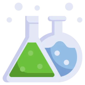 a laboratory flask with green and blue liquids