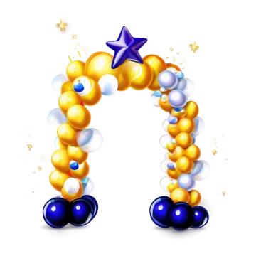 a gold and blue balloon arch with stars
