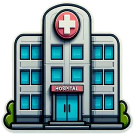 a hospital building with a red cross on top