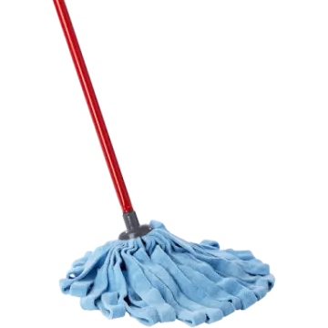 a blue mop with a red handle