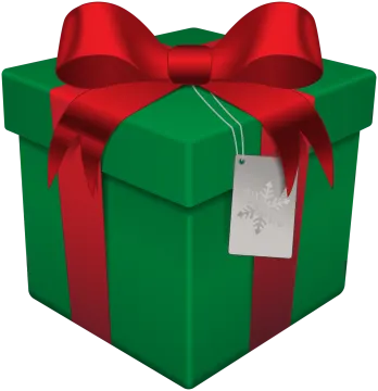a green gift box with red ribbon and a tag