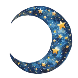 a blue and gold crescent with stars on it