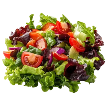 a close up of a salad on a white background