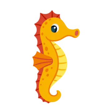 a yellow seahorse with blue eyes