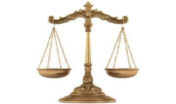 a golden balance scale on a white background