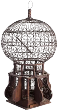 a metal sculpture of a bird in a cage