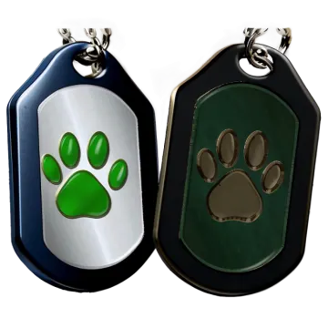two dog tags with a paw print on them