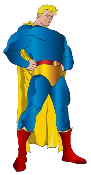 a man in a blue and yellow superman costume
