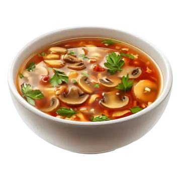 a bowl of soup with mushrooms and herbs