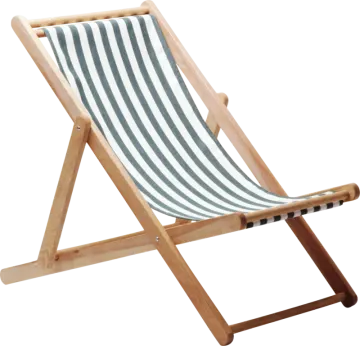 a wooden deck chair with blue and white stripes