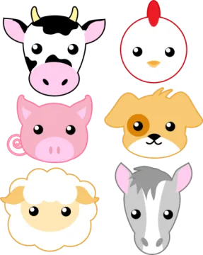 a set of four farm animal faces