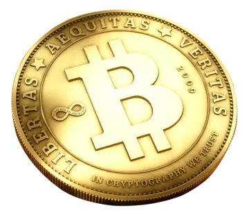 a golden bit coin on a white background