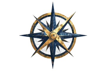 a blue and gold compass on a white background