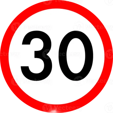 a red and white sign with the number 30 on it