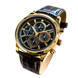 a gold watch with black dial