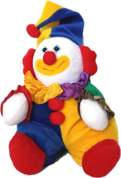 a stuffed clown sitting on top of a white surface