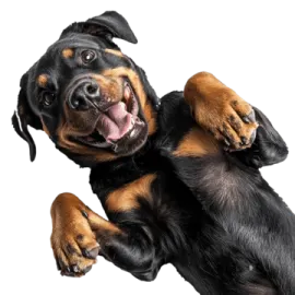 a black and brown dog jumping up in the air