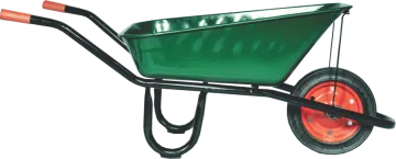 a green wheelbar with red wheels