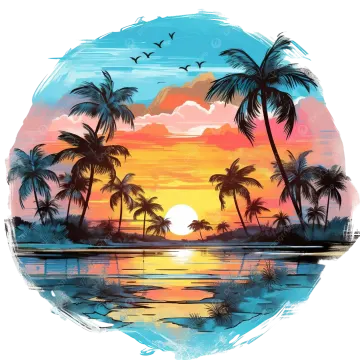 a tropical sunset with palm trees and birds