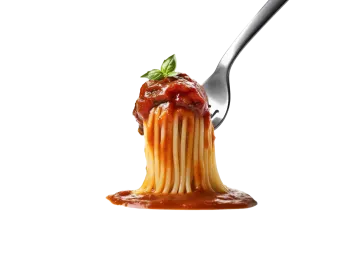 a fork with spaghetti and sauce on it