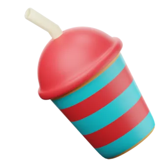 a red and blue cup with a wooden handle