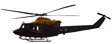 a black and yellow helicopter flying in the sky