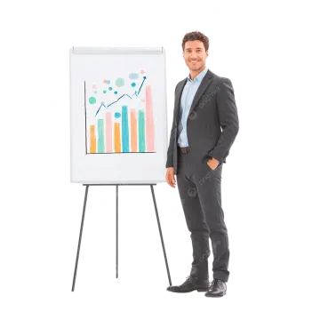 a man in a suit standing next to a whiteboard with graphs on it