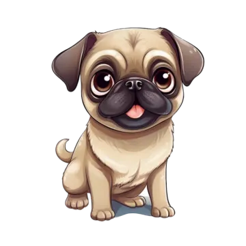 a cartoon pug sitting on the ground