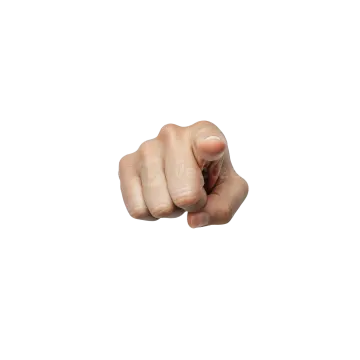 a hand pointing at the camera on a white background