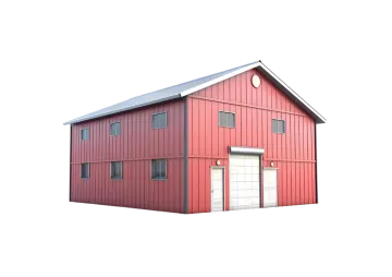 a red barn with a white door and windows