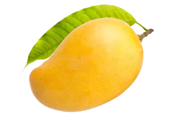 a yellow pear with a green leaf on it