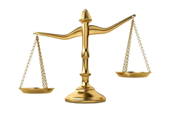 a golden balance scale on a white background