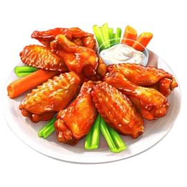 a plate with chicken wings and vegetables on it