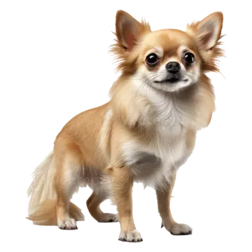 a small dog standing on a white surface