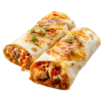 a close up of two burritos on a white background