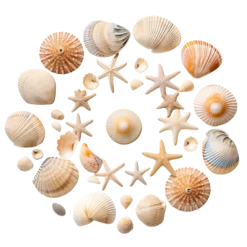 a circle of sea shells on a white background