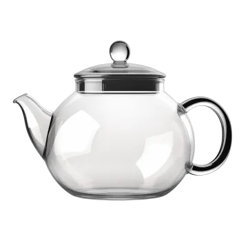 a glass teapot with a black lid