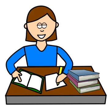 a woman sitting at her desk with books